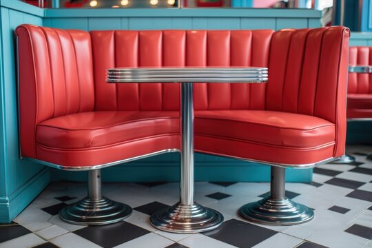 Charming diner booth with red vinyl seating and retro aesthetics in a vibrant eatery
