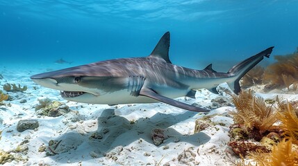 Fototapeta premium powerful hammerhead shark swimming in the deep sea ocean predator navigating through underwater marine wildlife habitat aquatic species and natural environment