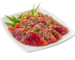 Artistic Tuna: A Plate of Thinly Sliced Tuna with Sesame Seeds Arranged in a Visually Appealing Manner, Creating a Culinary Masterpiece, Isolated on a Transparent PNG Background   