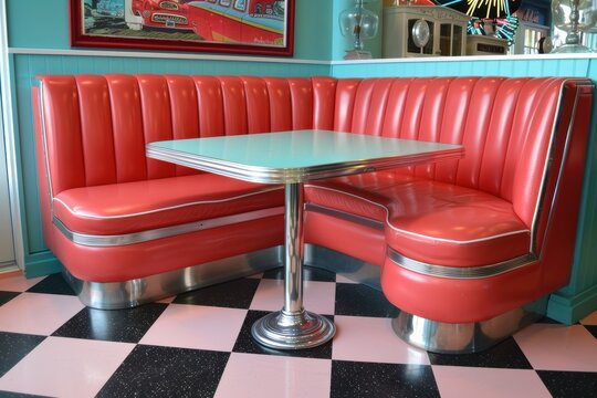 Cozy diner booth with retro red vinyl seating and a shiny table in a vintage eatery