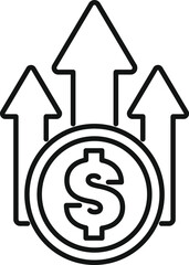 Line art illustration of a dollar coin increasing in value, with three up arrows
