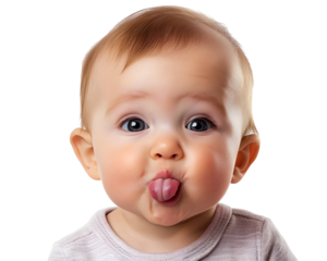 Baby Making Funny Faces and Sticking Out His Tongue, Playful and Adorable, Isolated on a Transparent PNG Background   