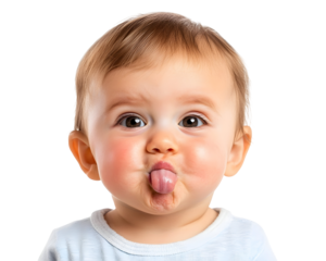 Baby Making Funny Faces and Sticking Out His Tongue, Playful and Adorable, Isolated on a Transparent PNG Background   