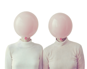 Balloon Head Couple in a Retro Pink Pastel Vibe, Dreamy and Unseen Faces, Isolated on a Transparent PNG Background   