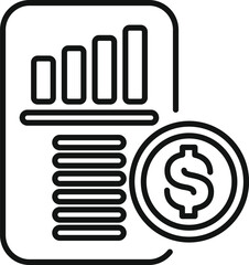 Line art vector of a financial report with a bar chart showing increasing profits and a dollar coin, perfect for topics of business and finance