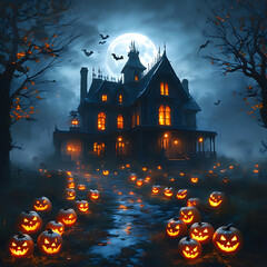 Spooky Halloween night with glowing lanterns near a haunted house.