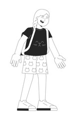 Blonde little girl laughing black and white 2D line character. Joyful child with backpack. Schoolgirl expressing positive emotions solated vector outline person. Monochromatic spot illustration