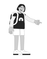 Happy african american girl pointing aside black and white 2D line character. Cheerful little child. Black schoolgirl having fun solated vector outline person. Monochromatic spot illustration