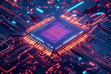 A detailed, futuristic image of a glowing microchip placed on a circuit board