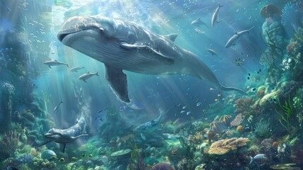 Fototapeta premium Whale and Dolphins Swimming in a Coral Reef.