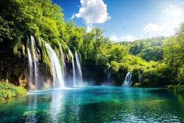 Obraz premium Stunning Natural Landscape with Twin Waterfalls and Lush Greenery Under a Blue Sky, Peaceful Tropical Oasis