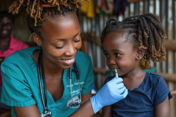 Healthcare Worker Measuring Child's Temperature in Outdoor Medical Camp