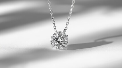Diamond pendant on a delicate chain, resting on a white surface with gentle lighting to accentuate the diamond sparkle and elegance.