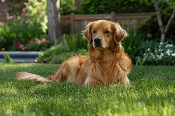 Relaxed golden retriever in a lush garden setting AI
