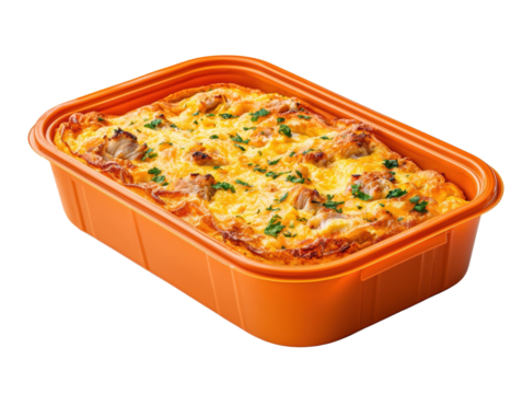 A large orange container of food with a white background
