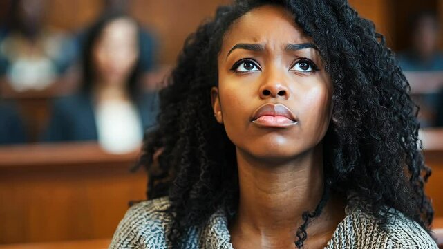 Young woman focused on jury duty in a courtroom during an important trial in the city during the afternoon