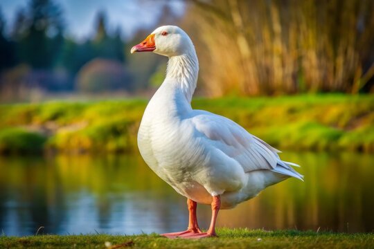 White Embden goose, a rare and elegant breed, with snowy-white plumage and pink legs, posing proudly in a serene landscape.