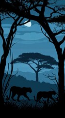 Silhouettes of two panthers in a jungle at night.