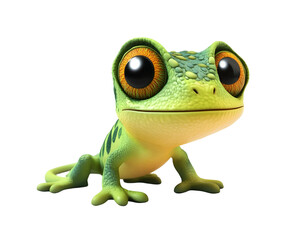 Cute Cartoon Chameleon with Big Eyes, Isolated on a Transparent PNG Background   