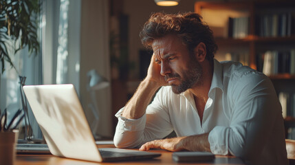 Obraz premium Generative ai illustration of a ashamed guy slaps face in front of his laptop