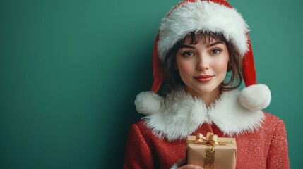 Smiling Woman in Santa Hat Holding a Christmas Gift