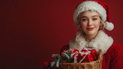 Smiling Woman in Santa Hat Holding Christmas Gifts