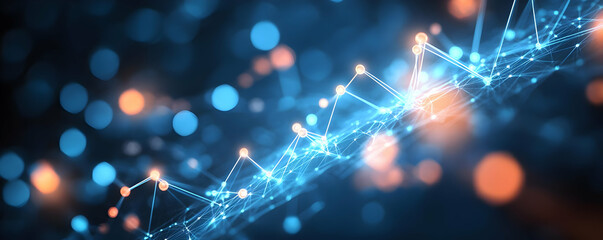 Abstract Background with Glowing Blue Network Connection Lines and Orange Particles