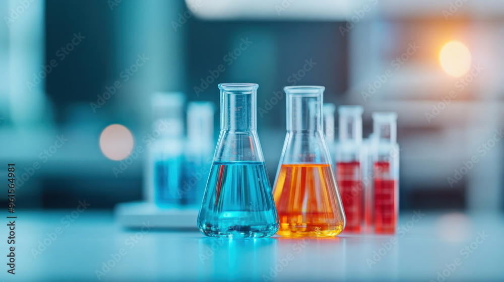 Poster lab flasks with liquids.