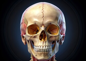 Bony structure of the skull is visible from an inferior view, with the occipital bone forming the base, and the foramen magnum clearly defined.