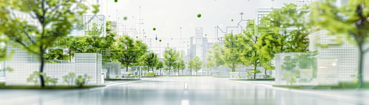 Cityscape blueprint emphasizing csr commitments with futuristic 3d elements and greenery AI
