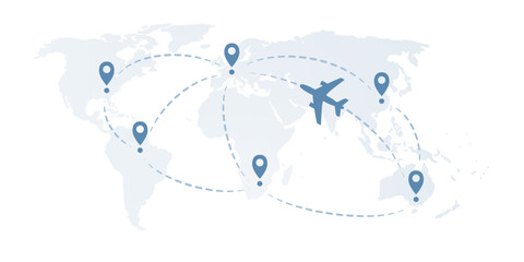 Traveling Around the World - Air Transportation Concept, Travel by Airplane - World Map Design with Plane Flying Intercontinental Routes to Various Destinations