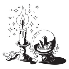 Monochrome mystical illustration with candle and crystal ball