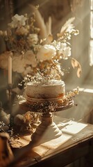 Vintage Technical Drawing of a Classic Layered Cake with French Labels and Candles