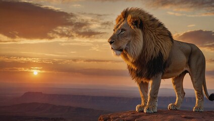 A lion stands proudly on the edge of a rugged cliff