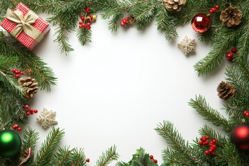A festive garland of evergreen branches decorated with small gifts