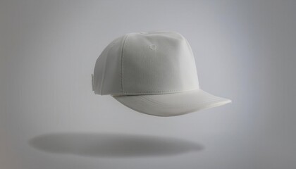 A stylish white cap floating against a soft gray background, perfect for fashion, sports, or promotional use.