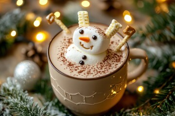 A festive hot chocolate topped with a marshmallow snowman