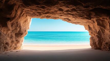 Rocky cave opening to a bright turquoise sea and sandy beach, with blue sky
