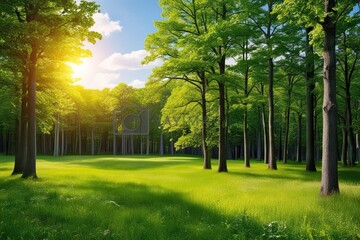 Naklejka premium Tranquil Forest Scenery with Vibrant Green Trees and Bright Sunny Sky