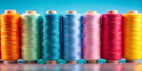 Colorful row of spools with threads in shades of blue, pink, orange, and yellow