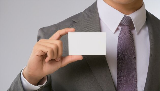 A professional man in a suit holds a blank business card, perfect for showcasing branding or networking themes.