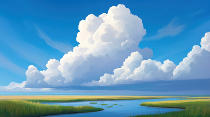 Wide savannah landscape with a winding river under a vast sky filled with towering white clouds, capturing the serene beauty of nature and the peaceful flow of water through grassy plains.