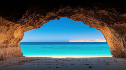 View from inside a rocky cave overlooking a pristine turquoise sea and sandy beach, with clear blue skies and distant desert cliffs creating a peaceful and scenic coastal landscape.