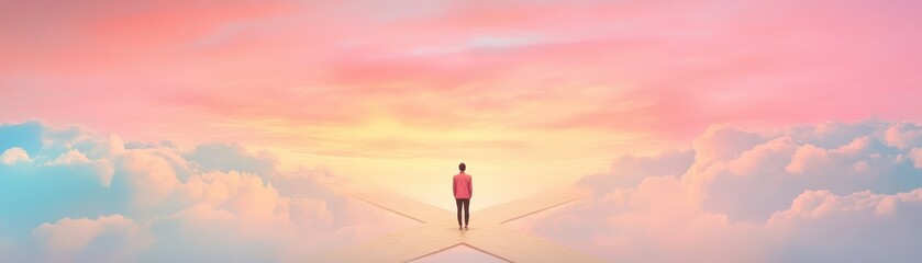 Fototapeta premium Person standing at a crossroads, deciding which path to take for a new beginning.