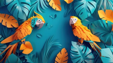 Fototapeta premium Paper Art Tropical Birds in a Jungle Setting.