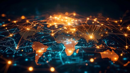 A digital world map shows global network connections, creating an abstract and technological background.