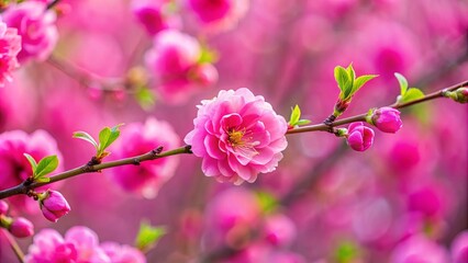 Fototapeta premium Close-up of a vibrant pink flower on a twig with blurred pink blooms in the background