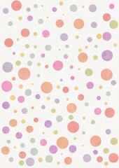 Multicolored polka dots of different sizes arranged in a chaotic order on a watercolor textured background