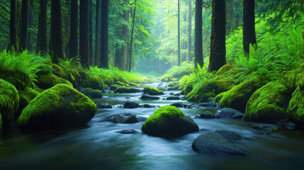A serene forest stream flowing over moss-covered rocks, surrounded by lush ferns and tall trees, creating a peaceful and vibrant natural landscape deep within the woods.