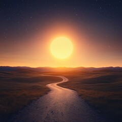 Bright sunrise illuminating a winding road, symbolizing the start of a new path.
